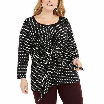 #ad Alfani Womens Black Printed Tie Front Long Sleeve Knit Top Plus Size 1X 2X