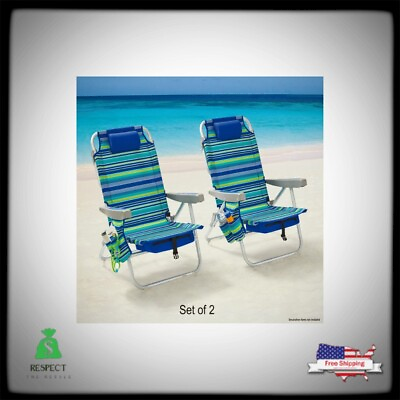 #ad 2 Pack Reclining Beach amp; Event Lay Flat Backpack Chair Blue amp; Green Stripe