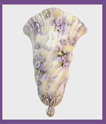 #ad Wall Pocket Vase Lavender Purple Flowers Gold Trim Scallop Top Fluted Vintage