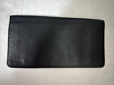 #ad Fossil Black Pebbled Leather Bifold Wallet Checkbook Credit Card Holders 6.5x3.5
