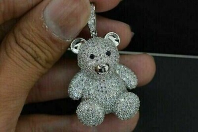 #ad 3Ct Simulated Diamond Round Cute Mini Teddy Bear Pendant 14K White Gold Plated