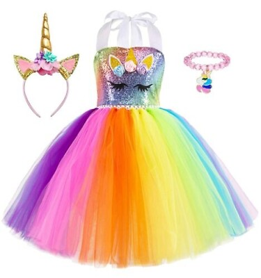 #ad Unicorn Girl Dress for Birthday Outfit Princess Costume Rainbow Tutu Dress 8 9Ys