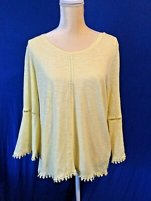 #ad Women#x27;s Small Style amp; Co Crochet Trim Bell Sleeve Top Soft Sun Yellow Loose A1
