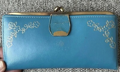 #ad Vintage Leather Wallet Imported Turquoise Blue Kiss Lock Closure