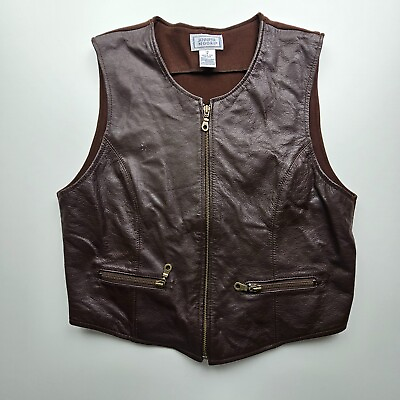 #ad Jennifer Moore Women Leather Vest 8 Brown Full Zip Pocket Biker Lady Rocker Dark