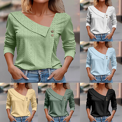 #ad Women Solid Color V Neck Button Loose Long Sleeve T Shirt Top For Women