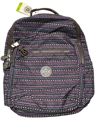 #ad Kipling Seoul Backpack Stripy Dots Purple Gray Pink New NWT