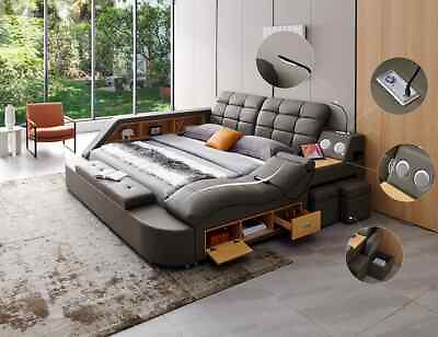 #ad Multifunction Storage bed with bluetooth speaker massage lounge Italian leather