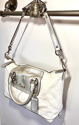 #ad COACH Ashley F15445 Ivoryamp;Silver Leather Convertible Two Way Satchel Purse