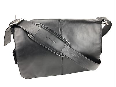 #ad Levenger black leather messenger laptop bag Pre Owned