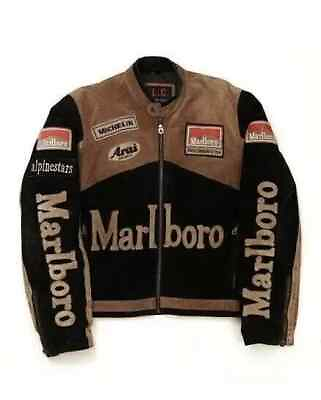 #ad Men#x27; Marlboro Leather Jacket Vintage Racing Biker Motorcycle Men Leather Jacket