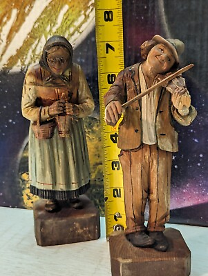 #ad Vintage Folk Art Carved Wooden Man w Violin Some Damage amp; Woman w Basket 7quot;