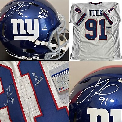#ad 2 For 1: 🔥 Justin Tuck Signed NY Giants Authentic Helmet amp; Custom Jersey PSA