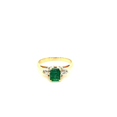 #ad 14kt Yellow Gold Emerald Ring w Round amp; Tapered Baguette Cut Diamond Sides