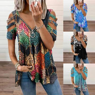 #ad Womens Cold Shoulder Floral Tunic Tops Tee Summer Zipper V Neck Blouse T Shirt