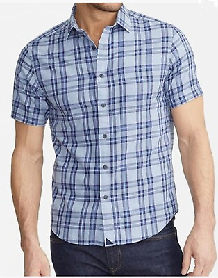 #ad UNTUCKit Morton Button Down Short Sleeve Shirt Blue Plaid Tall Regular