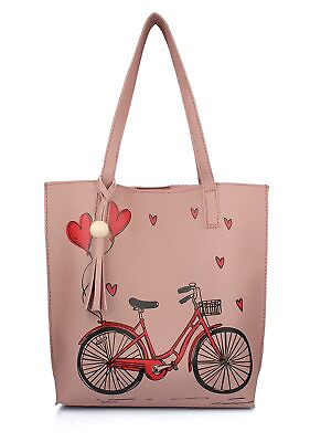 #ad New Women#x27;s Pu Material Tote Bag For Girls Stylish Handbag Cycle Print Pink