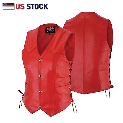 #ad Red Leather Vest Women motorcycle Vest Gun Pockets Easy Biker Patch Sew