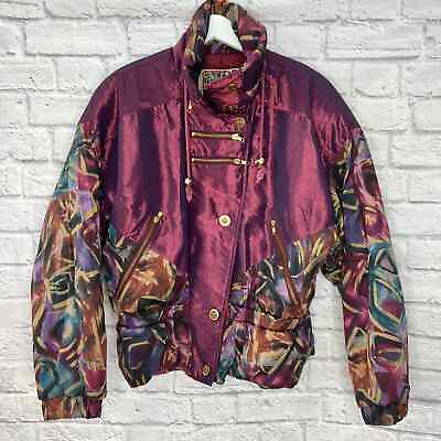 #ad Vintage 90s EAST WEST Puffer Ski Winter Coat Shiny Burgundy Gold Size L Womens