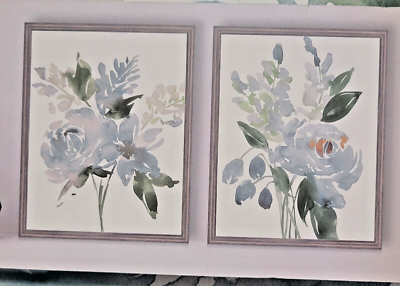 #ad PD 2pc Wall Art Set Light Blue Floral Bouquet Paintings Gray Frame 14x18in