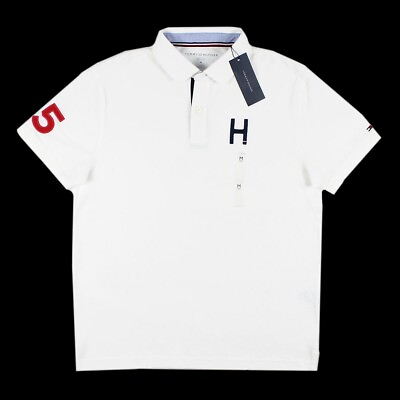 #ad Mens Tommy Hilfiger Bold Letter Casual Short Sleeve Polo Shirt White 78JA628 100