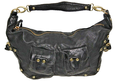 #ad LINEA PELLE Black Pebbled Leather Studded Hobo Bag Purse