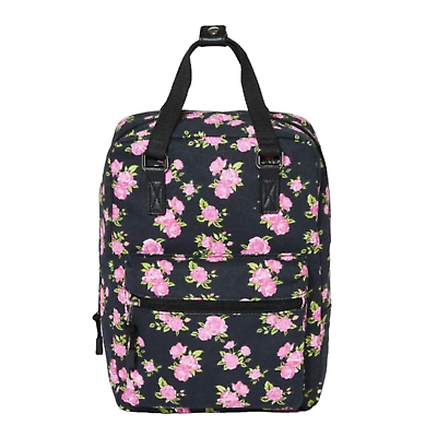 #ad Teen Girls Floral Backpack Canvas Shoulder Bag Pink Roses Boxy School Day Pack