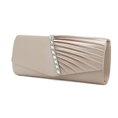 #ad Evening Handbag Crystal Embellished and Pleated Satin Clutch Champagne