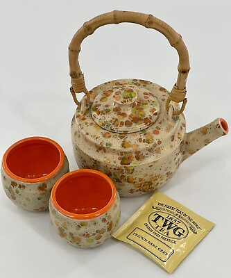#ad Vtg Studio Art Pottery Ceramic Stone Ware Teapot amp; 2 Cups Bamboo Handle Signed