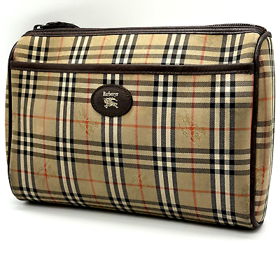 #ad Burberrys Nova Check Pouch Clutch Bag PVC Leather Brown Authentic