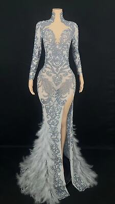 #ad Women Rhinestone Feather Long Tail Dress Singer Stage Wear Dancer Costume