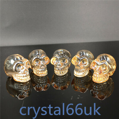 #ad 5pcs Golden Titanium Small Skull Carved quartz Crystal Skull Reiki Healing 1#x27;#x27;