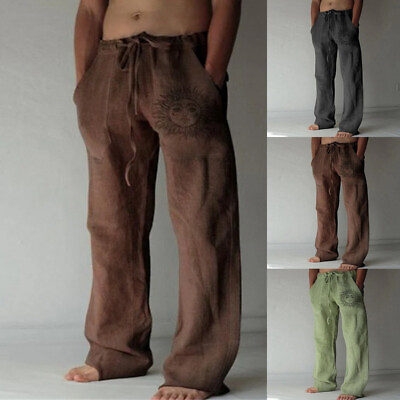 #ad Men Boho Hippy Sun Loose Harem Pants Cotton Linen Pockets Casual Beach Trousers