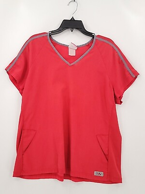 #ad Izzy Scrubs Uniform Top Womens Color Red Trimmed With Logo Short Sleeve Pockets