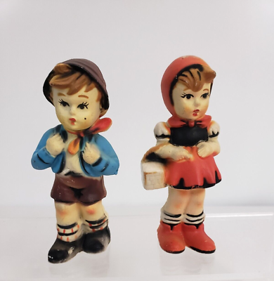 #ad 2 Hummel Style Plastic Figurine Boy and Girl made in Macau 4in high Vintage