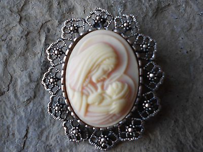 #ad 2 IN 1 VIRGIN MARY AND BABY JESUS CAMEO BROOCH PIN PENDANT MOTHER amp; BABY