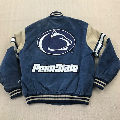 #ad VINTAGE Penn State Nittany Lions Jacket Mens Large Blue Suede Leather Bomber *