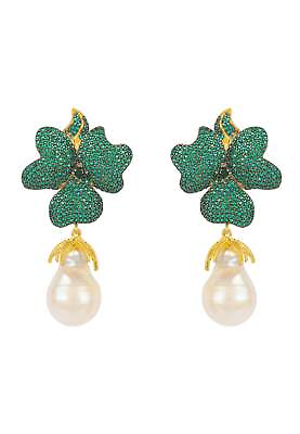 #ad Baroque Pearl Emerald Green Flower Drop Earrings Gold