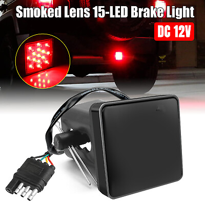 #ad Smoked Lens 15 LED Brake Light DRL Trailer Hitch Cover Fit 2quot; Towing amp; Hauling