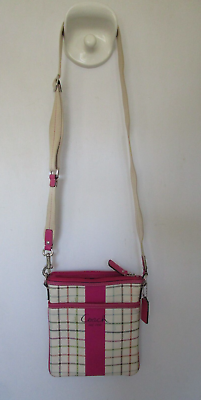 #ad COACH Heritage Tattersall Multi Fuchsia Plaid PVC Crossbody Swingpack Handbag