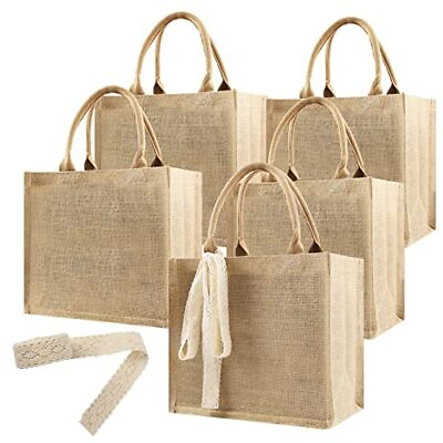 #ad 5 Large Burlap Tote Bags Bulk Reusable Jute Tote Bag with 7Yd Ribbon Blank Bu...