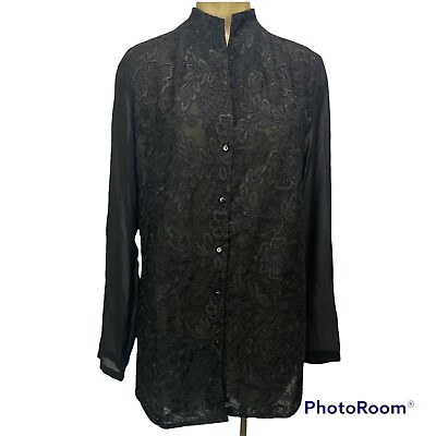 #ad NARACAMICIE Womens II 2 Embroidered Button Up Shirt Blouse Black Sheer Floral