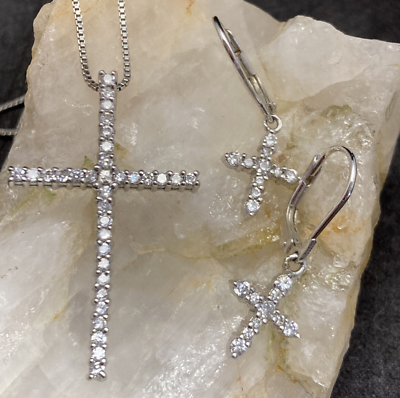 #ad Vintage Cross CZ Stone 18#x27;#x27; Necklace amp; Earrings Set Sterling Silver 925 6g