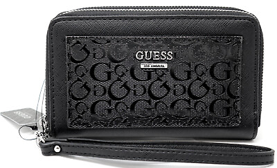#ad NEW GUESS Women#x27;s Black Logo Debossed Double Zip Wallet Wristlet Clutch Bag