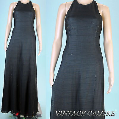 VTG 80s Evening Black Gold Shiny Shimmery Open Back Long Party Gown Dress Sz S $39.98
