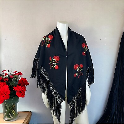 #ad Shawl Wrap Black Embroidered Fringe Red Flowers Gypsy Boho Goth Witchy Triangle