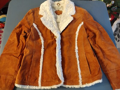 #ad Wilsons Leather Orange Suede Leather Faux Fur Trim Quilt Lined Jacket Womens XL