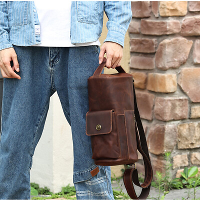 #ad Genuine Leather Men Messenger Bags Cylindrical Shape Shoulder Crossbody Handbags