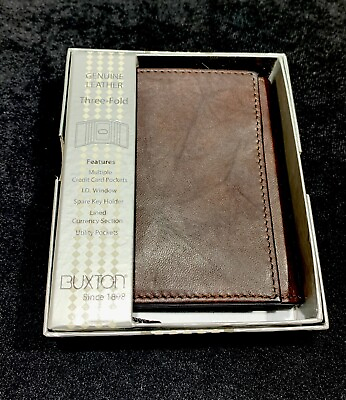 #ad Buxton Genuine Leather Three Fold Wallet. Dark Brown. NEW IN BOX.