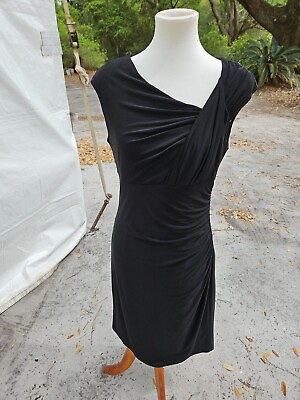 #ad Lauren Ralph Lauren Front Side RUCHED Asymmetrical Neck Midi LBD Lined Black